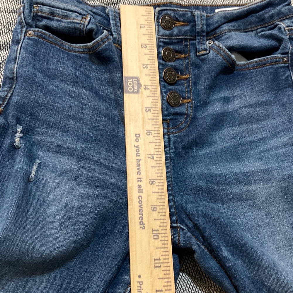 High-Rise Dark Blue Distressed Skinny Jeans with Button Fly - Picture 7 of 8